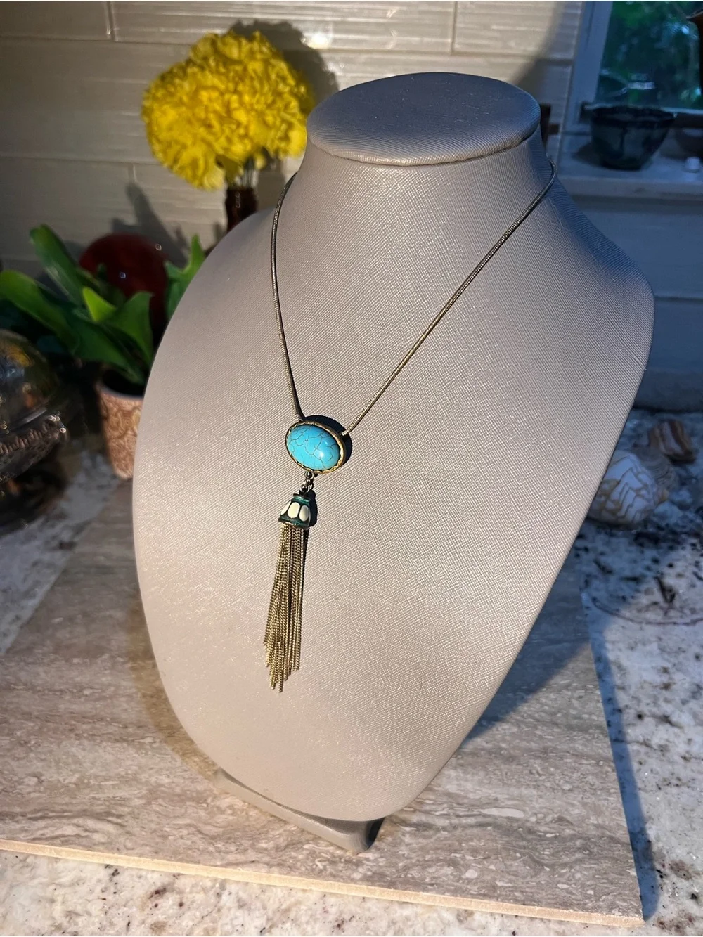 Boho Vintage Turquoise Stone Tassel Pendant Necklace -very cool